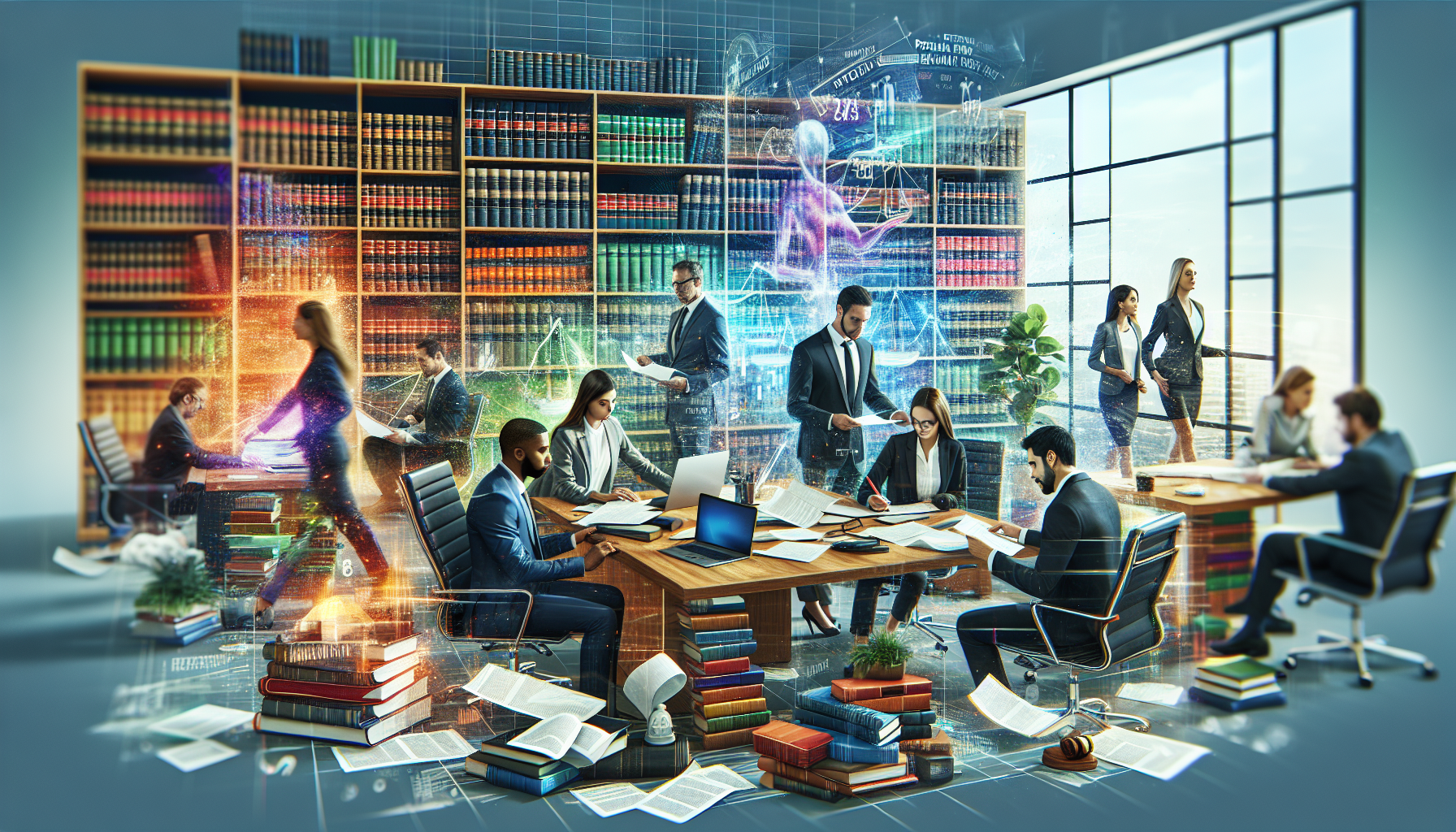 A modern, vibrant office scene representing the profession of personal injury law. A desk covered in paperwork related to cases serves as the focal point. Nearby, bookshelves brimming with legal books, and a laptop displaying analytical data. Portray a diverse range of individuals (Caucasian male, Hispanic female, Black male, and Middle-Eastern female) busy at work, showing a range of interpersonal interactions that suggest a high-performing team. Highlight the energy, efficiency, and effectiveness expected from the best personal injury attorney team. The artwork should be photorealistic.