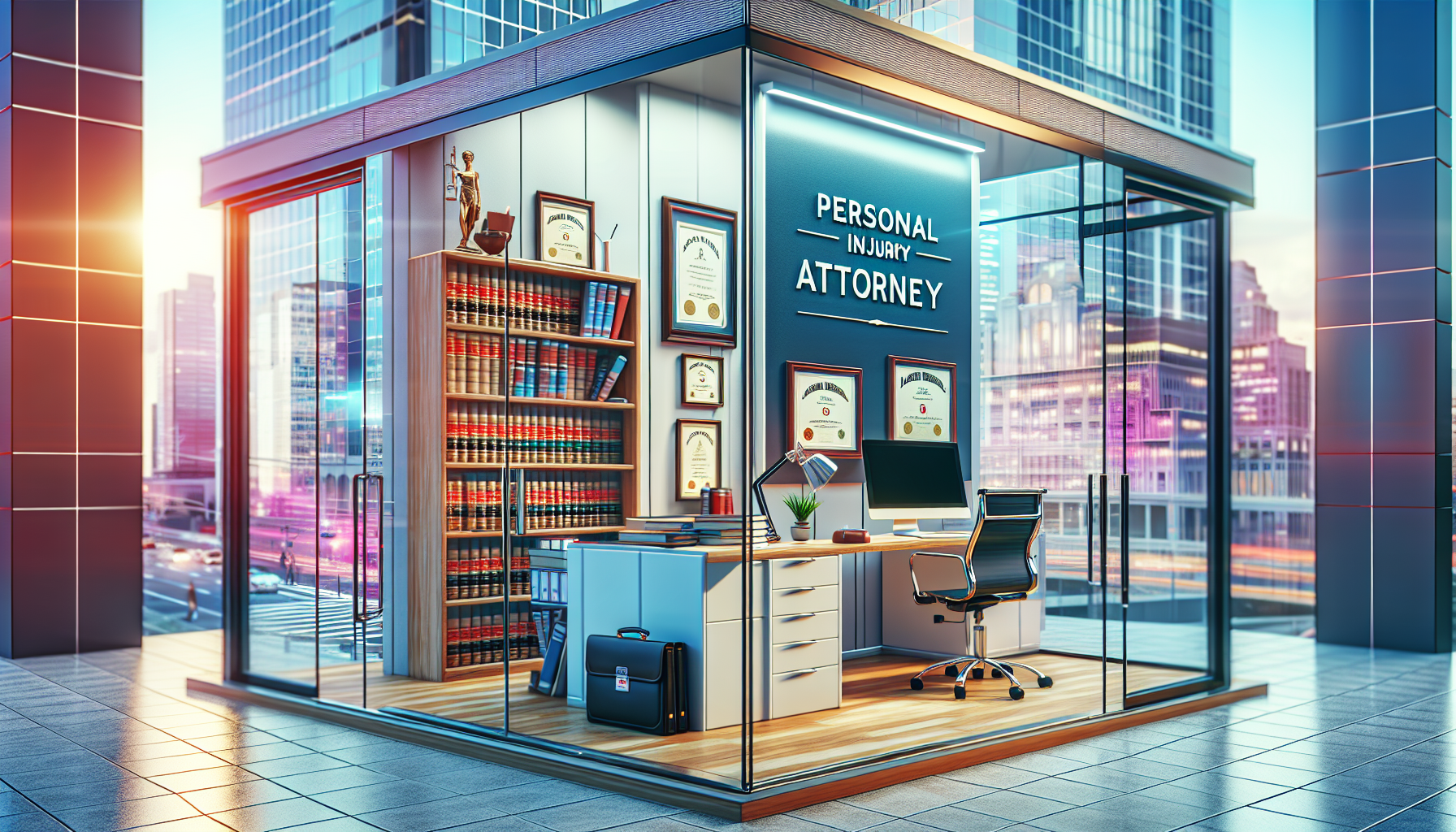 An image of a modern, professional law office in a bustling city. Inside the office, we see a stack of law books and a desk with a computer, as well as diplomas hanging on the walls. There is also a sign hanging on the glass door that reads 