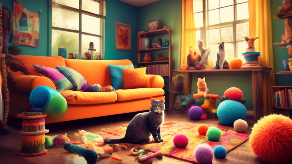 Create an image of a cozy living room with a happy indoor cat, surrounded by various cat toys and scratching posts, while displaying behavior indicative of territorial spraying.