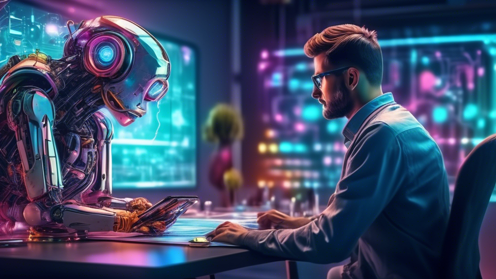 Una inteligencia artificial supervisando y organizando digitalmente un caleidoscopio de proyectos en una pantalla futurista, con robots colaborativos trabajando en el fondo.