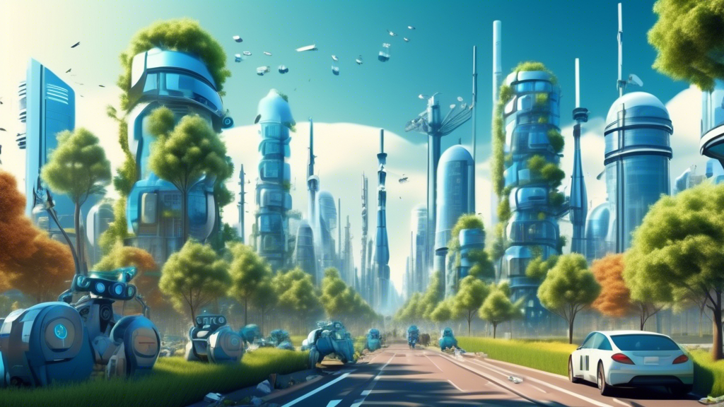 Illustration of a futuristic city powered by renewable energy sources, with AI-driven robots planting trees and collecting trash for recycling, under a clear blue sky symbolizing a sustainable environment.