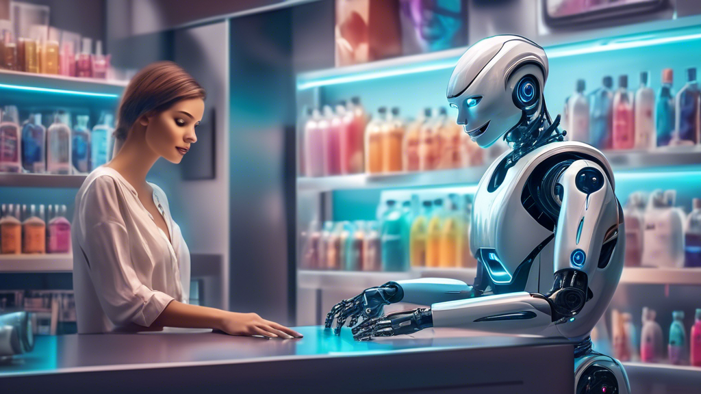 Una representación artística digital de un robot amistoso ayudando a un cliente satisfecho en una tienda futurista, ilustrando el concepto de mejora de la experiencia del cliente con inteligencia artificial.