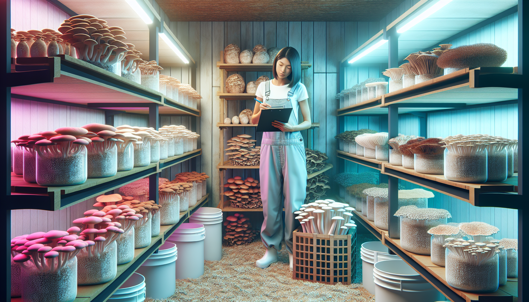 An animated illustration of a small, cozy indoor farm room, with shelves of various species of mushrooms growing in controlled environments using PF Tech (Perlite and vermiculite technology), featuring a beginner farmer, a young woman with a notebook, taking notes and learning the procedure.