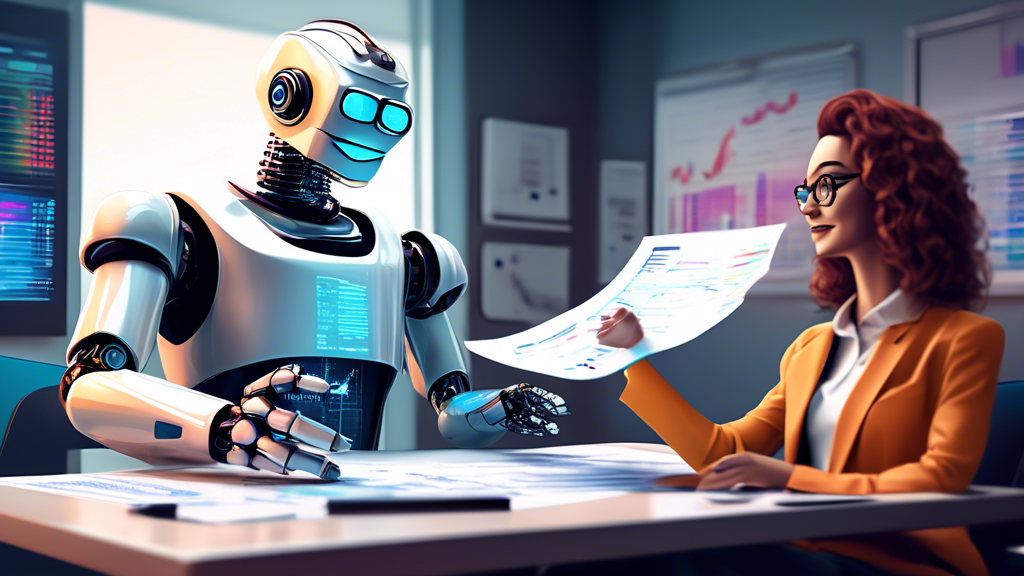 An illustration of a friendly robot holding a financial report and giving investment advice to a young adult sitting at a desk, surrounded by digital charts and graphs, in a futuristic office setting.