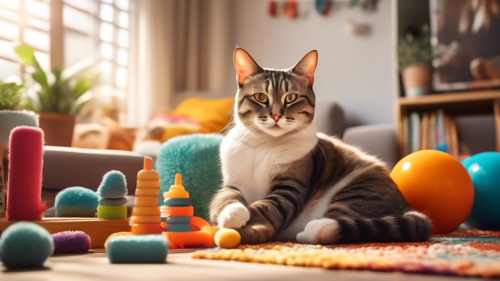 Create an image of a serene and organized indoor environment with a content and relaxed cat lounging in the living room, surrounded by various toys and scratching posts. The cat is not spraying or exhibiting any unwanted behaviors, showcasing a harmonious coexistence between the cat and its owner.