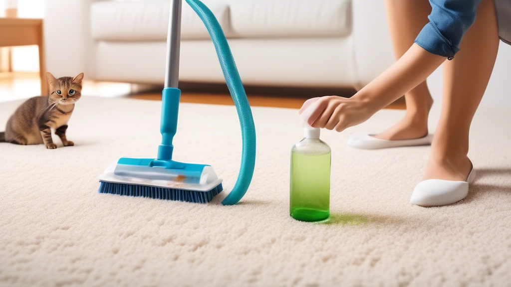 Create an image of a person cleaning a carpet with cat urine odor, showing various methods such as using vinegar, baking soda, enzymatic cleaners, and essential oils. Include different cleaning tools like a brush, sponge, and vacuum cleaner to illustrate the process effectively. The image should emphasize the before and after comparison to showcase the effectiveness of each method in removing the odor.