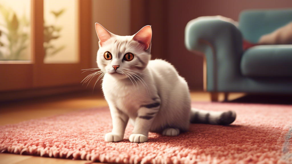 Create an image of a cat sitting on a carpet that appears clean and smell-free after using effective methods to remove cat urine stains and odors. Show the carpet looking fresh and pristine, with no trace of the previous accident.