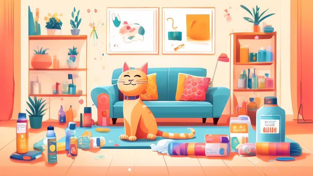 Create an image of a clean and fresh-scented living room with a happy cat lounging peacefully, surrounded by various air fresheners and cleaning products, showcasing a successful removal of cat spray odor.