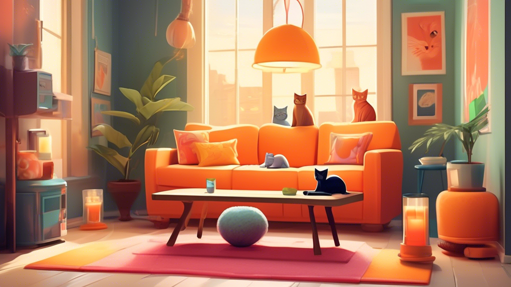 Create an image of a stylish living room with various deterrents for cat urine, such as citrus-scented candles, scratching posts, double-sided tape on furniture edges, a motion-activated spray, and a cozy cat bed by the window.