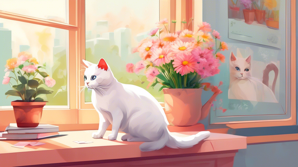 Create an image of a pristine room with a pleasant aroma, featuring a cat sitting calmly on a windowsill filled with fresh flowers, with a note that reads Eliminating Cat Spray Smell prominently displayed. The room should exude cleanliness and tranquility, showcasing effective tips and techniques for maintaining indoor cleanliness despite having a cat.