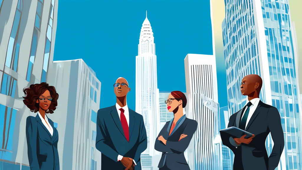 Illustration of a diverse group of professional lawyers holding a large sign reading Top Accident Lawyers outside a modern courthouse in Charlotte, NC, with iconic skyscrapers in the background and a clear blue sky.