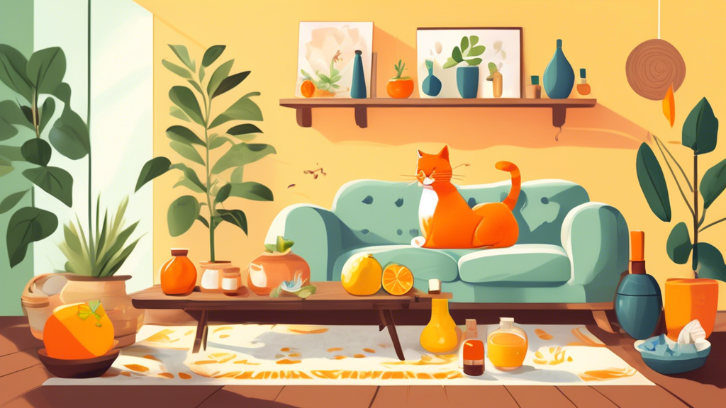 Create an image of a cozy living room with a happy cat feeling relaxed and content, surrounded by various natural remedies such as citrus peels, essential oils, and vinegar, all strategically placed to deter urine marking. The scene should convey a sense of harmony and comfort, showing a successful prevention of cat marking through natural solutions.