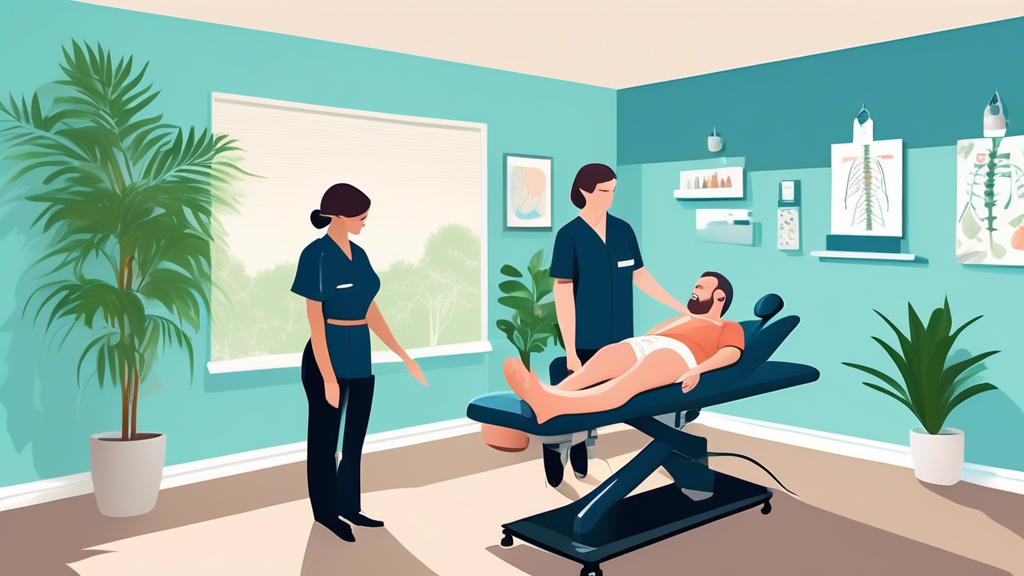 An inviting, modern chiropractic clinic in Charlotte, North Carolina, with a serene and healing atmosphere. The scene includes a chiropractor demonstrating a spinal adjustment on a smiling patient, surrounded by peaceful, green plants and calming, soft blue walls. Advanced chiropractic tools are visible in the background, signifying cutting-edge treatment options.