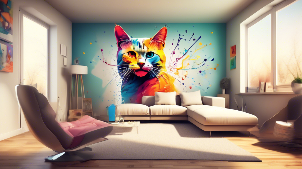 Create an image of a cat marking its territory with spray in a living room setting, with various possible causes like stress, territorial issues, or medical problems depicted in the background. Show different solutions such as using pheromone diffusers, providing vertical spaces for climbing, or consulting a veterinarian.