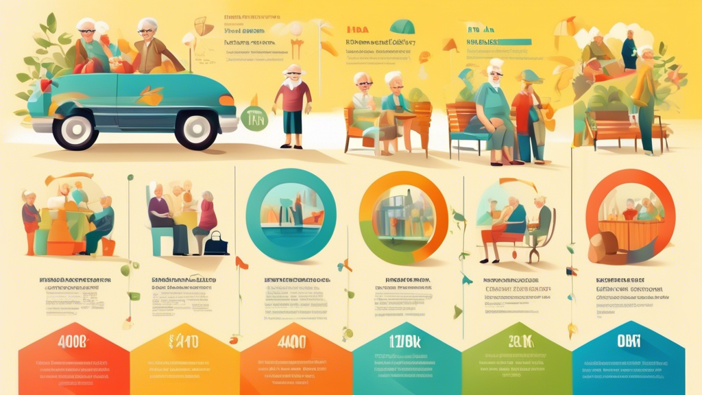 A colorful, detailed infographic illustrating various types of retirement accounts such as 401(k), IRA, Roth IRA, and pension plans, highlighting their benefits and differences against a backdrop of senior citizens enjoying a carefree lifestyle in retirement.