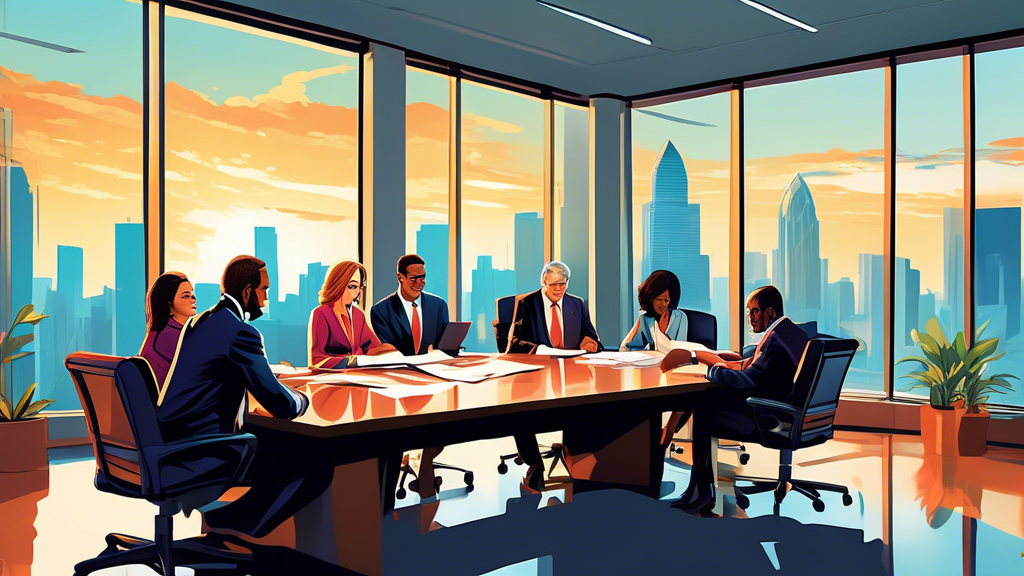 An illustrated scene depicting a diverse group of accomplished personal injury attorneys evaluating legal documents around a large conference table in a modern office in Charlotte, North Carolina, with cityscape visible through the window.