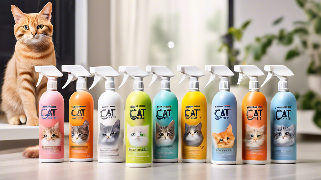 Create an image of a variety of cat spray neutralizers displayed on a clean, fresh-looking home environment. Include bottles of different brands of neutralizers surrounded by a few playful cats in the background, showcasing a harmonious coexistence between pets and a clean home.