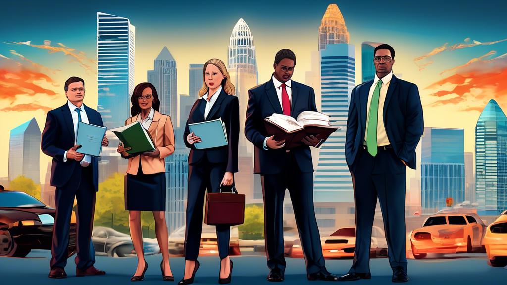 A highly detailed digital illustration of a team of professional attorneys standing in front of the Charlotte skyline, each holding legal books and documents, with subtle images of car crash scenes and courtroom scenarios blended into the background.