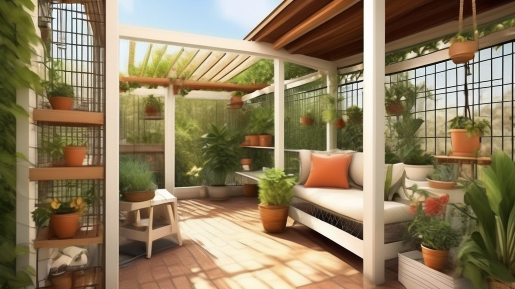 Create an image of a serene outdoor catio, designed to prevent cat spraying. The catio should be spacious, with climbing posts, shelves for lounging, and plenty of plants and toys to keep the cats entertained. The design should incorporate features specifically aimed at deterring cats from spraying, such as strategic placement of scratching posts and hiding spots. The setting should be sunny and peaceful, with a harmonious blend of nature and cat-friendly elements.