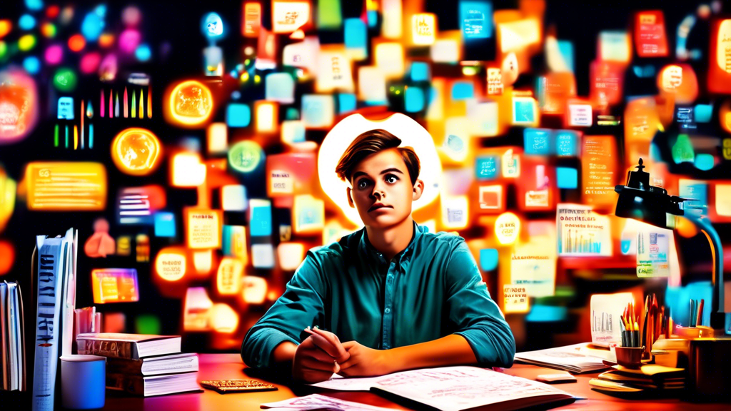 A curious young adult sitting at a desk, surrounded by colorful, informative infographics and books about Roth IRA accounts, eagerly learning with a lightbulb illuminating above their head