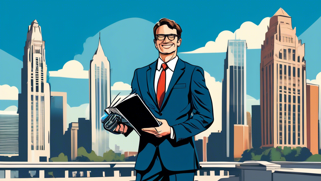 Create an image of a professional and confident lawyer standing in front of a large courthouse in Charlotte, North Carolina, holding a motorcycle helmet in one hand and a legal book in the other, with the city skyline visible in the background under a clear blue sky. Include the lawyer smiling reassuringly, dressed in a smart, formal suit.