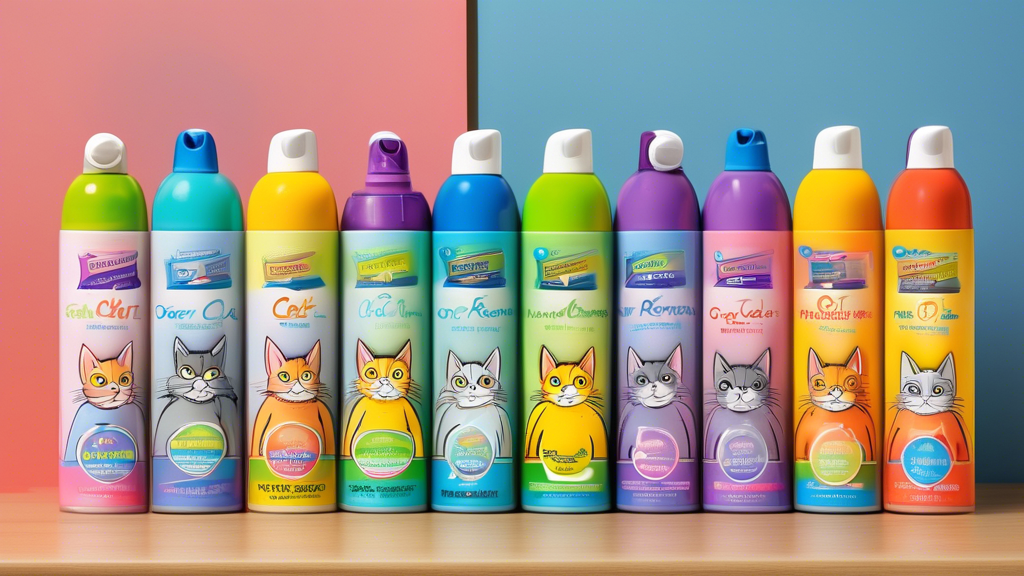 Create an image of a variety of different top cat spray odor removers lined up on a shelf, with colorful labels showcasing the different products. Each bottle should be uniquely designed to capture the attention of cat owners looking for their favorite odor remover. The background should be a bright and welcoming setting to convey a sense of cleanliness and freshness.