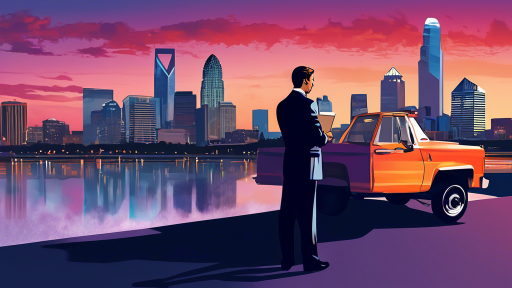 A digital artwork of a confident, professional attorney standing in front of a large truck, holding a legal document, with the skyline of Charlotte, North Carolina in the background during twilight.