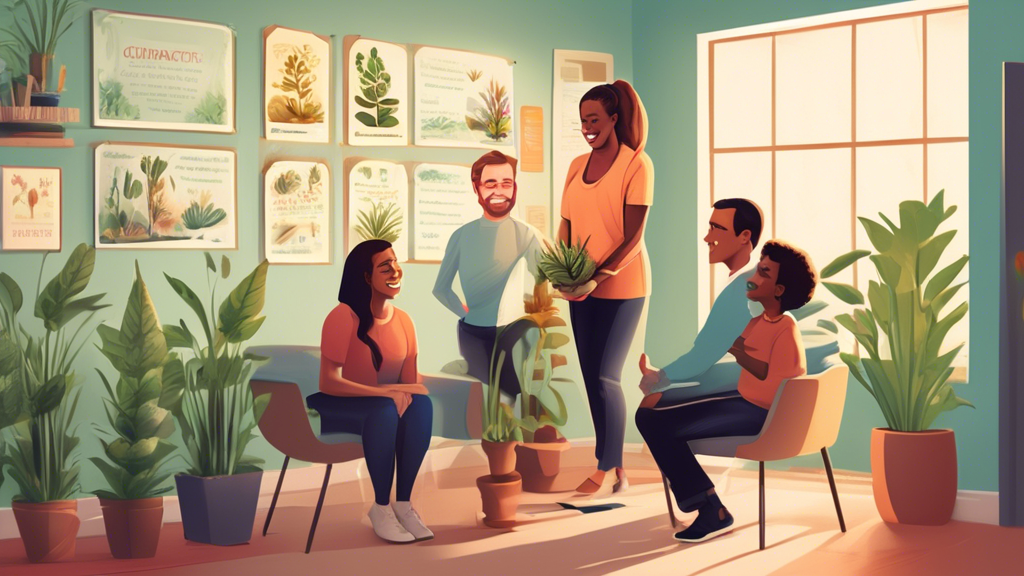 A warm and inviting chiropractic office in Charlotte, featuring a friendly family chiropractor smiling as he consults with a diverse family of four, showing them a spine model in a cozy, well-lit consultation room filled with plants and educational posters.