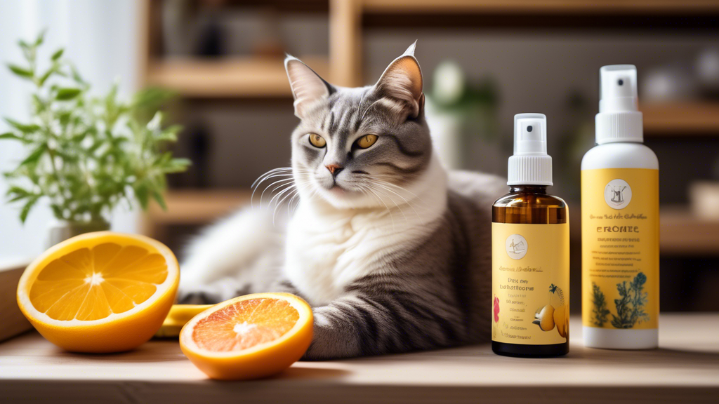 Create an image of a cozy indoor setting with a happy cat lounging peacefully next to a variety of natural spray remedies like citrus, lavender, and vinegar, arranged neatly on a shelf. The space should feel inviting and serene, highlighting the idea of using these remedies to keep indoor cats calm and content.