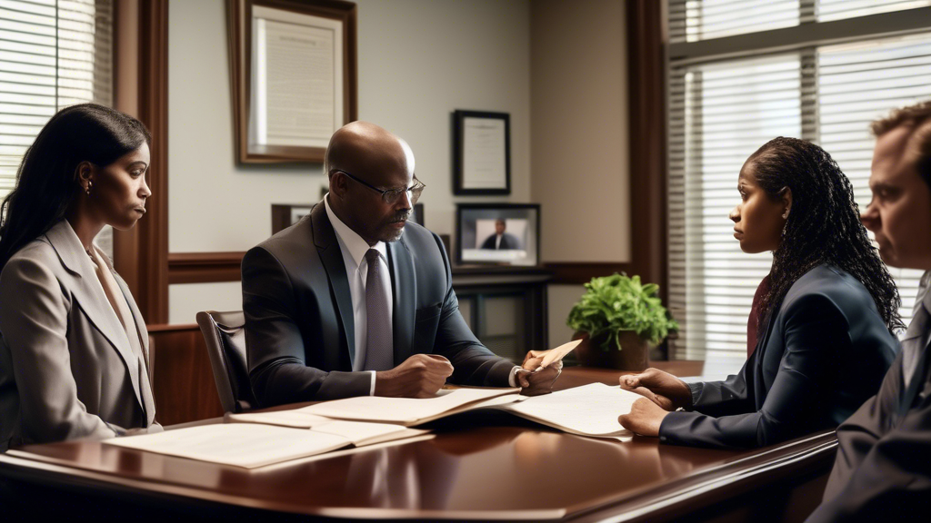 A compassionate and professional meeting between a diverse group of potential wrongful death attorneys and a grieving family, set in a serene, well-lit law office in Charlotte. The scene depicts various attorneys, including a Black woman, a Hispanic man, and a Caucasian man, each presenting their credentials and comforting the family, while symbolic justice scales and law books rest prominently in the background.