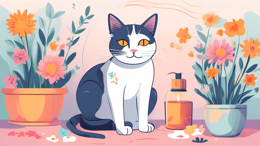 Create an image of a female cat peacefully sitting beside a litter box with a content expression, surrounded by calming elements like flowers and a diffuser emitting soothing scents. The cat should be demonstrating no signs of spraying behavior, showcasing the effectiveness of the solutions discussed in the article.