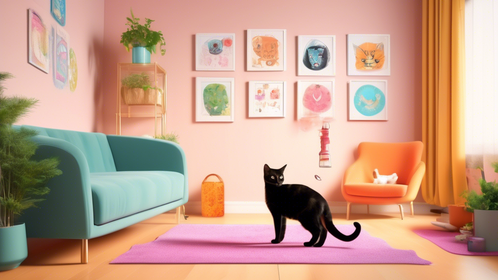 Create an image of a person successfully training their cat to stop spraying indoors using positive reinforcement techniques, such as clicker training or treats, in a cozy living room setting with cat-friendly decorations. The cat should be happily engaging in the training process, showing progress in stopping their spraying behavior.