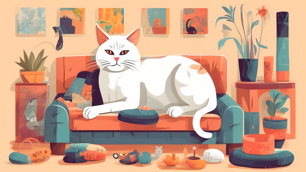 Create an image of a senior cat peacefully lounging in a cozy and serene home environment, surrounded by various scratching posts, toys, and comforting items. The cat looks content and relaxed, indicating a harmonious living situation.