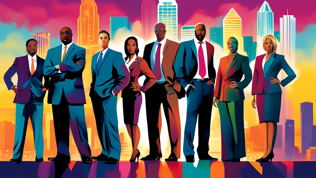 A polished, professional group portrait of diverse top injury claim lawyers standing confidently in front of the Charlotte skyline, each lawyer displaying a friendly yet determined demeanor, dressed in formal business attire.