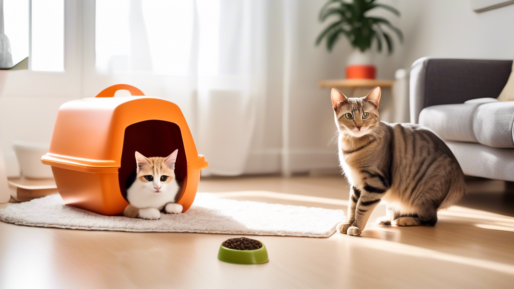 Create an image of a cat happily using a litter box as part of its training routine, with various positive reinforcement tools such as treats and toys nearby, while being supervised by a pet owner displaying a calming and encouraging demeanor. The setting should be in a cozy and comfortable home environment, emphasizing the importance of effective training techniques in preventing cat spraying behaviors.