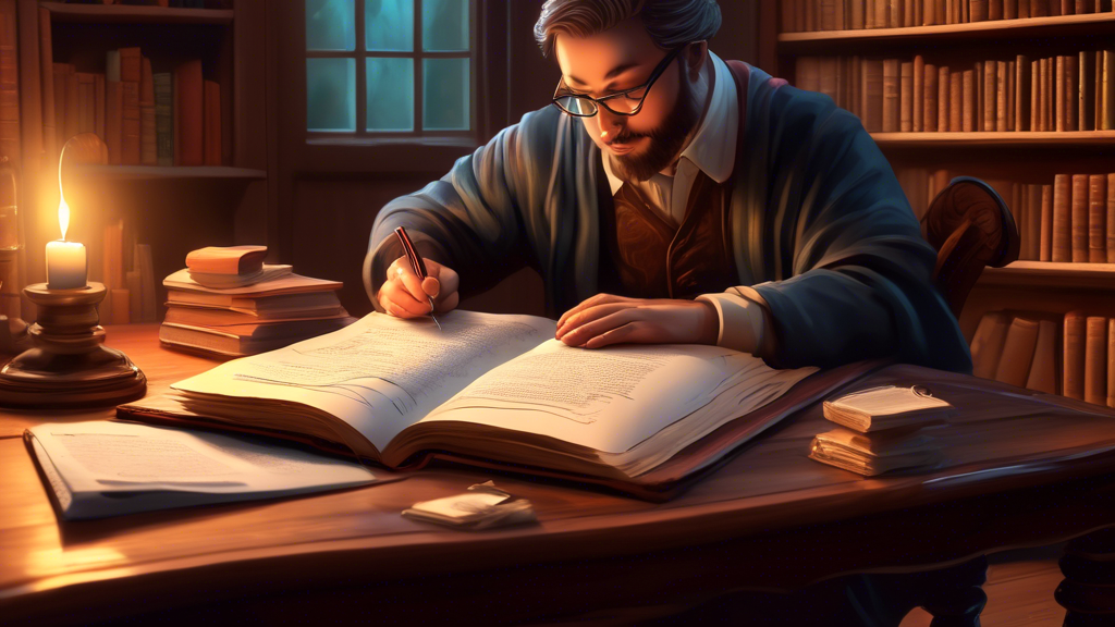 An illustration of a person studying a large, open book titled 