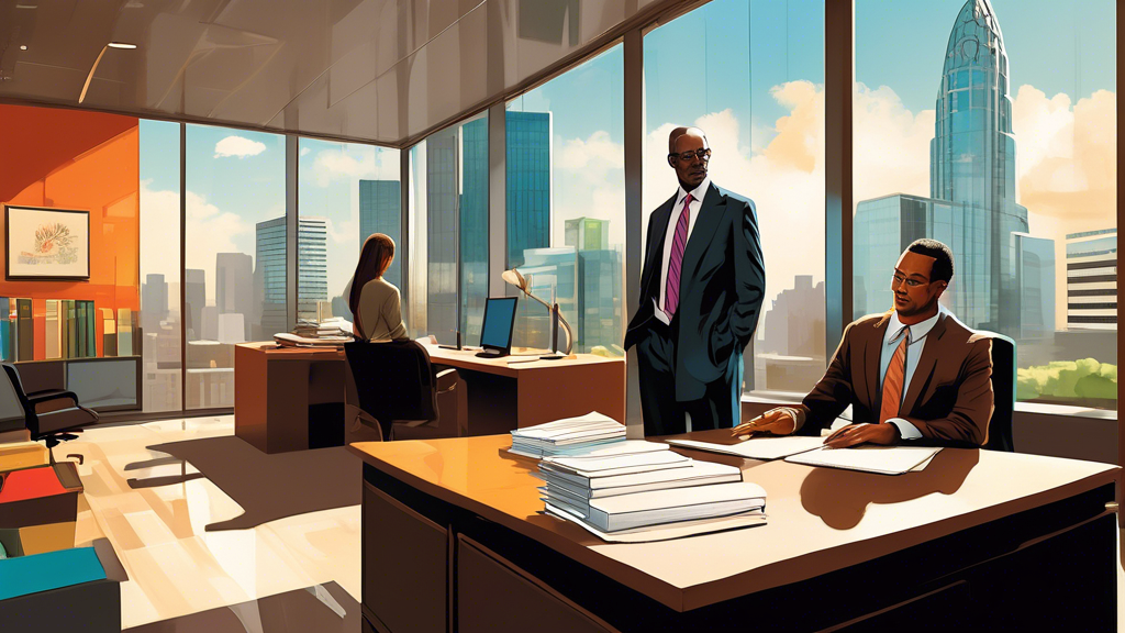 An urban scene depicting a pedestrian confidently consulting with a professional lawyer in a modern, stylish office in Charlotte, with cityscapes visible through large windows, law books and legal documents arranged on the desk, emphasizing a sense of trust and expertise.