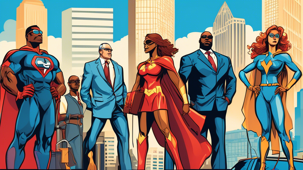 An illustrated cityscape of Charlotte, North Carolina, with a diverse group of professional characters representing auto accident attorneys, depicted as superheroes with briefcases, standing confidently around the scales of justice, under a clear blue sky.