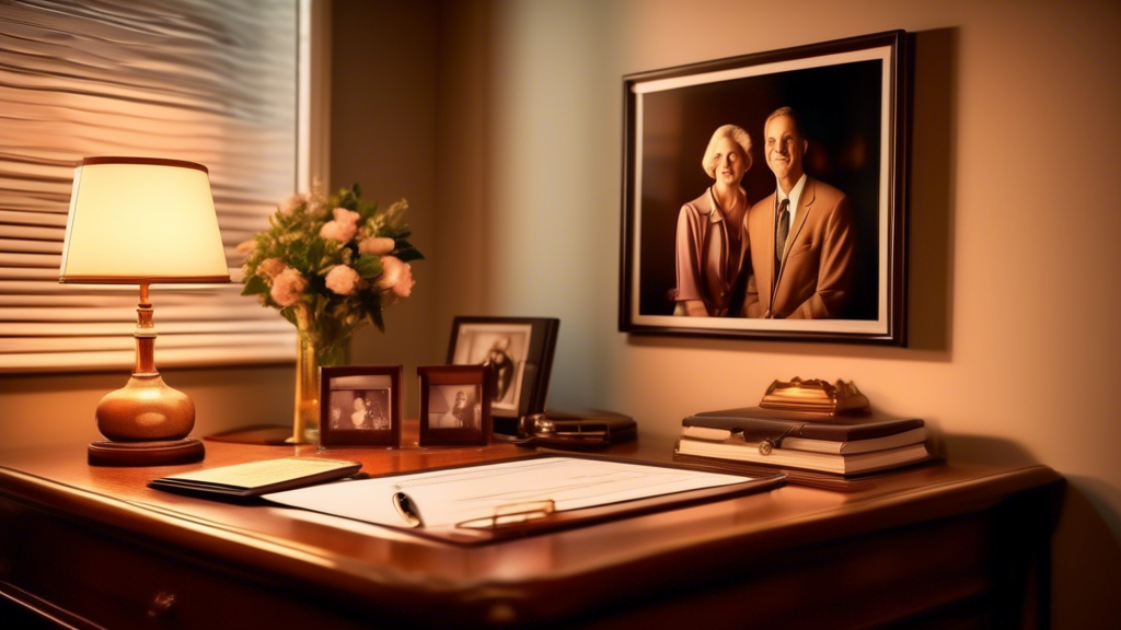 An elegant desk with a family photo, a will, and a pen under soft lighting, symbolizing thoughtful inheritance planning.