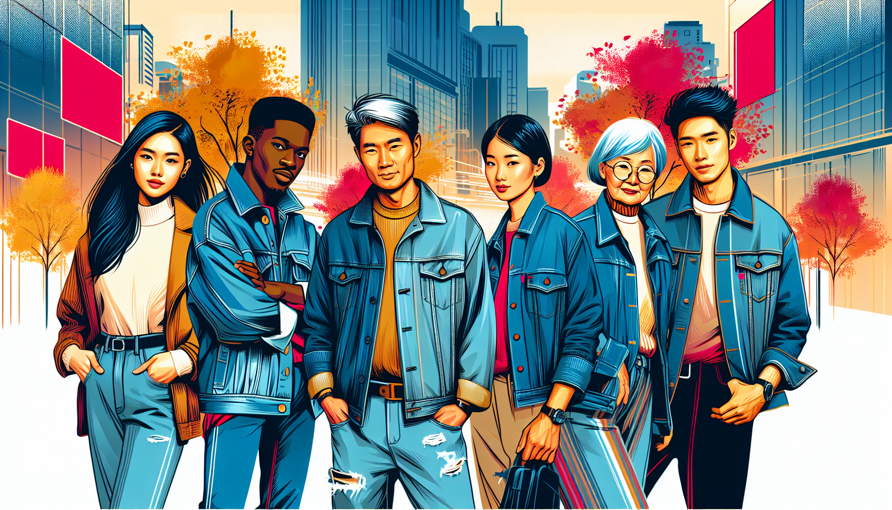 An illustration of a diverse group of stylish people of different ages and ethnicities, each wearing denim jackets in various ways, showcasing timeless fashion tips in an urban setting, with a backdrop of a vibrant city street during autumn.