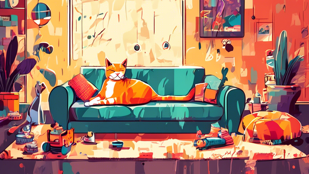 Create an image of a serene living room with a content cat lounging on a comfortable couch, surrounded by various cat-friendly toys and scratching posts. The scene should exude a calming atmosphere, showcasing a harmonious relationship between a cat and its environment.