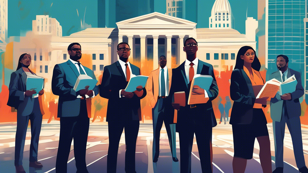 An artistic representation of a confident and diverse group of attorneys standing in front of a grand courthouse in Charlotte, North Carolina, with each holding a law book and looking determined, surrounded by cityscape and faint images of slip and fall accident scenes in the background.