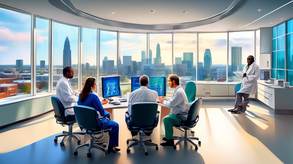 An artistic representation of top spine specialists consulting over a detailed spinal model in a modern, high-tech medical office in Charlotte, NC, with the city skyline visible through large windows in the background.