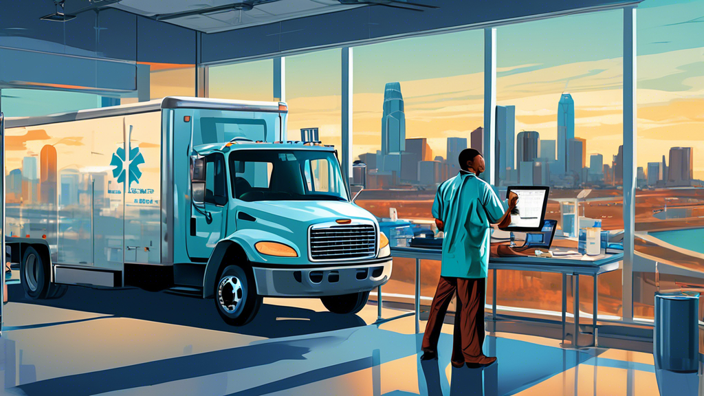 A medical professional performing a Department of Transportation medical exam on a truck driver in a modern clinic in Charlotte, North Carolina, with detailed medical equipment and a view of the Charlotte skyline in the background.