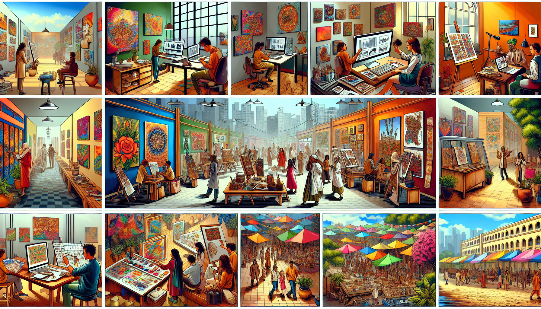 An imaginative array of twelve colorful, themed art studios each depicting an artist creatively earning money; from digital art on a computer, teaching a painting class, to selling art in an outdoor market, each environment bustling with dynamic, artistic activity.