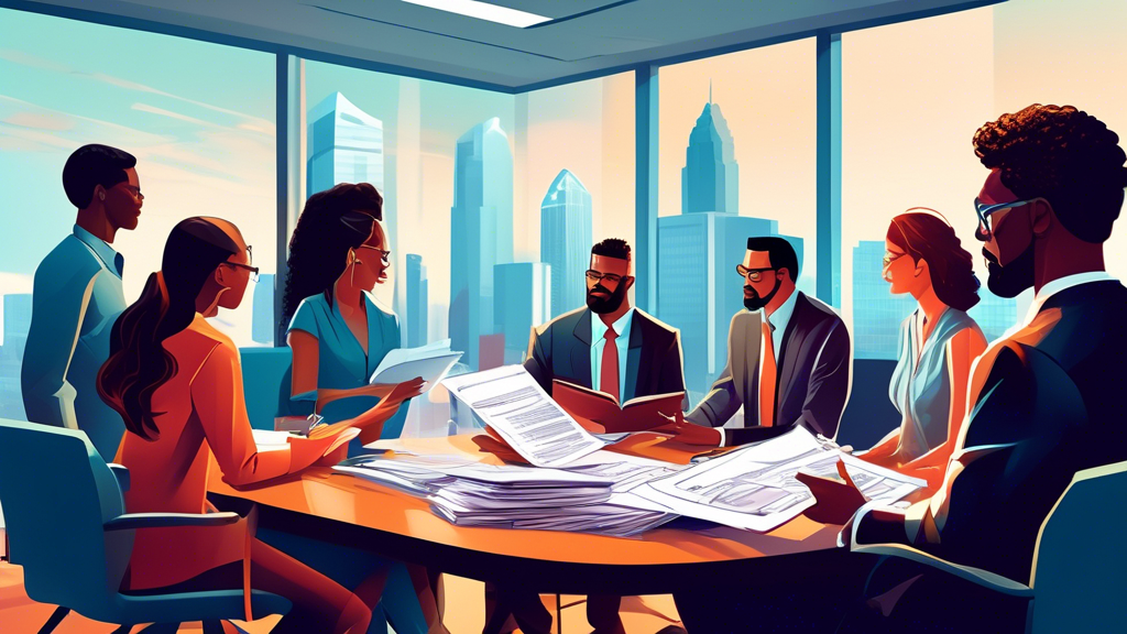 A detailed illustration of a diverse group of people consulting with a professional accident claim lawyer in a modern, well-lit office in Charlotte, including elements like legal books, a city skyline view, and digital devices displaying accident claim forms.