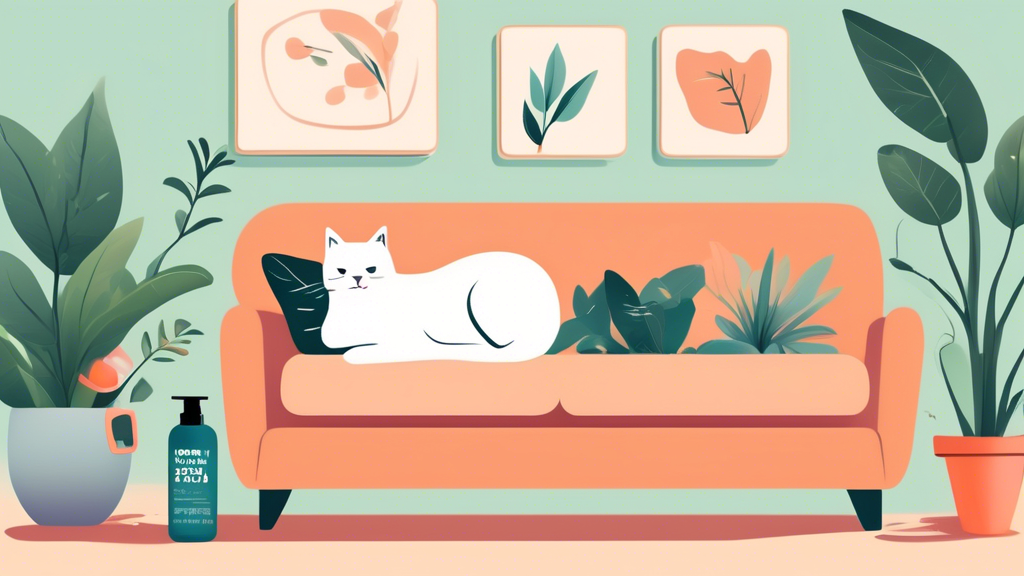 Create an image of a cozy living room setting with a cat perched on the arm of a couch, next to a spray bottle labeled Non-Toxic Cat Deterrent Spray. The cat is looking curiously at the bottle, while the room is decorated with plants and other cat-friendly items.