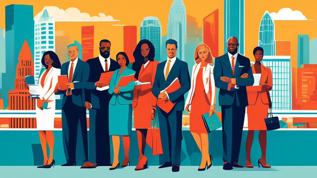 An illustrated guidebook cover showing a confident and diverse group of top injury compensation lawyers in Charlotte, set against the city