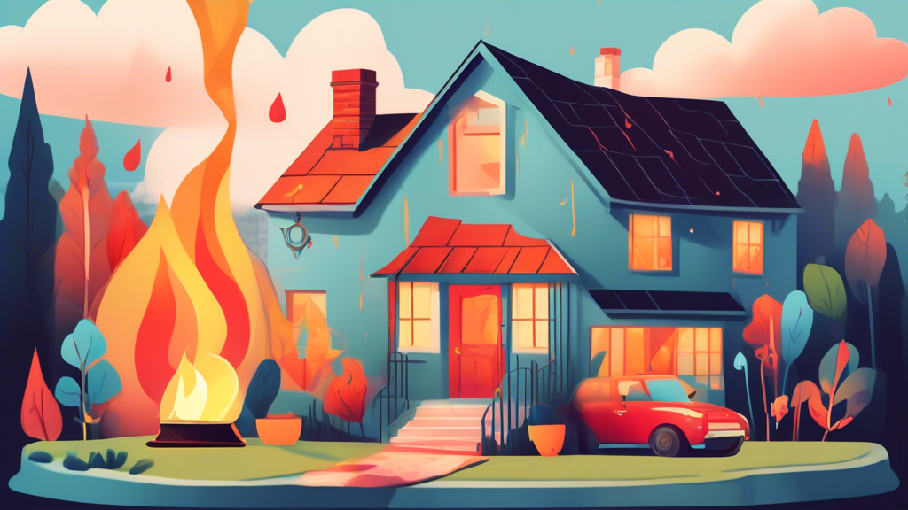 An illustration of a cozy, welcoming house with a shield icon overlay, surrounded by potential risks like a small fire, a burglar, and water damage, all in a whimsical, approachable style to represent understanding home insurance.