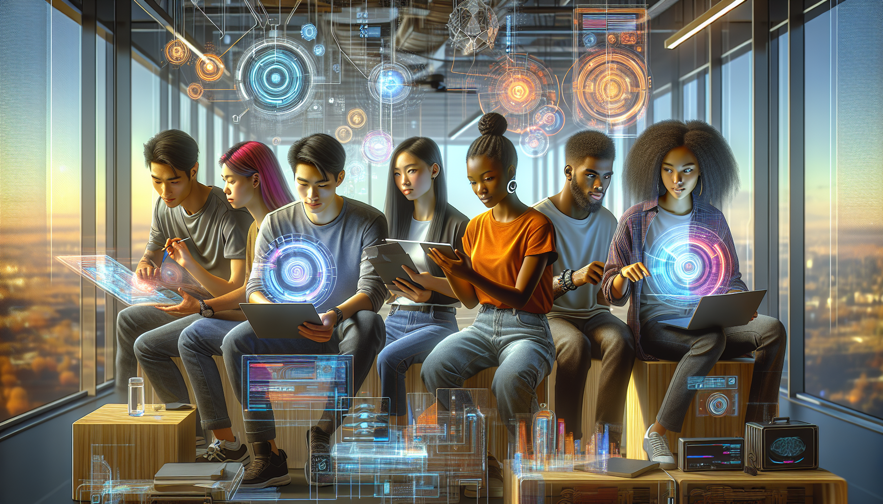 Digital artwork of a cheerful, diverse group of young adults engaged in various high-tech side hustles in a futuristic co-working space, each using advanced gadgets and interfaces, symbolizing innovation and high earnings in 2024.